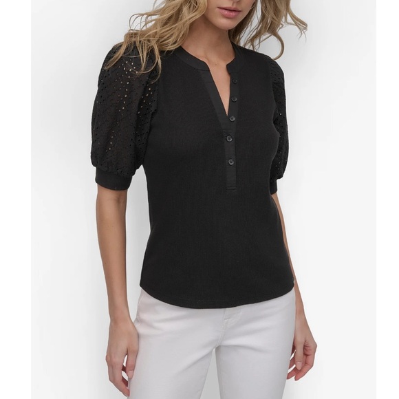 DKNY Jeans Puff Eyelet Henley Short Sleeve V-Neck Blouse Black Size Medium - Picture 1 of 12